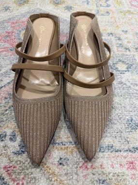 Pointed Toe Knit Slingback Mules with Dual Straps - Tan